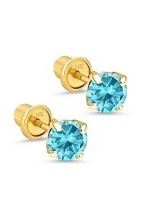 engaging gold round cubic zirconia March birthstone baby earrings